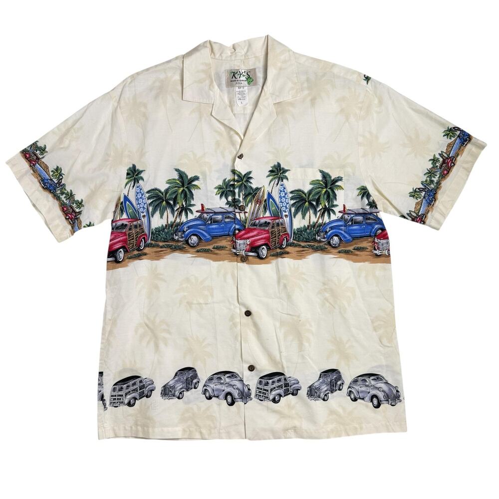 KY'S Shirt Mens Large Vintage Cars Hawaiian Surf Cotton Short Sleeve Button Up